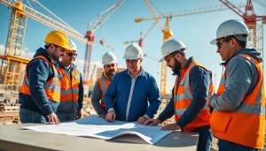 Construction association Colorado workers collaborating on-site with blueprints and cranes in the background.