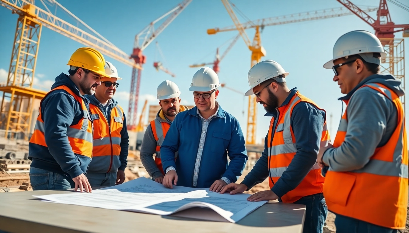 Construction association Colorado workers collaborating on-site with blueprints and cranes in the background.