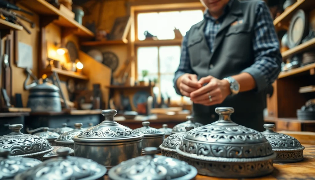 Zinn verkaufen: Analyzing antique tin items in a cozy workshop environment.