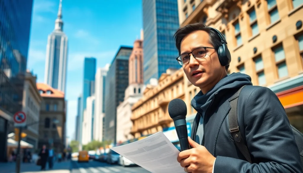 Journalist covers the Usa Today news in a vibrant urban setting.