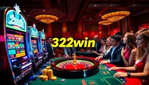 32win online casino scene depicting luxurious gaming environment with vibrant slot machines and poker chips.