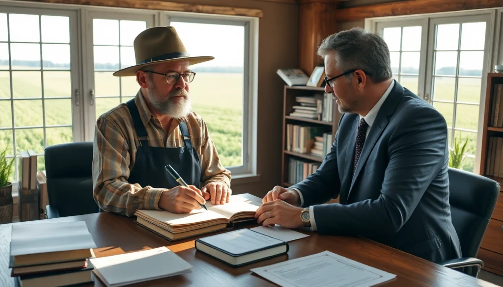Agriculture law consultation between farmer and attorney in a bright office setting.