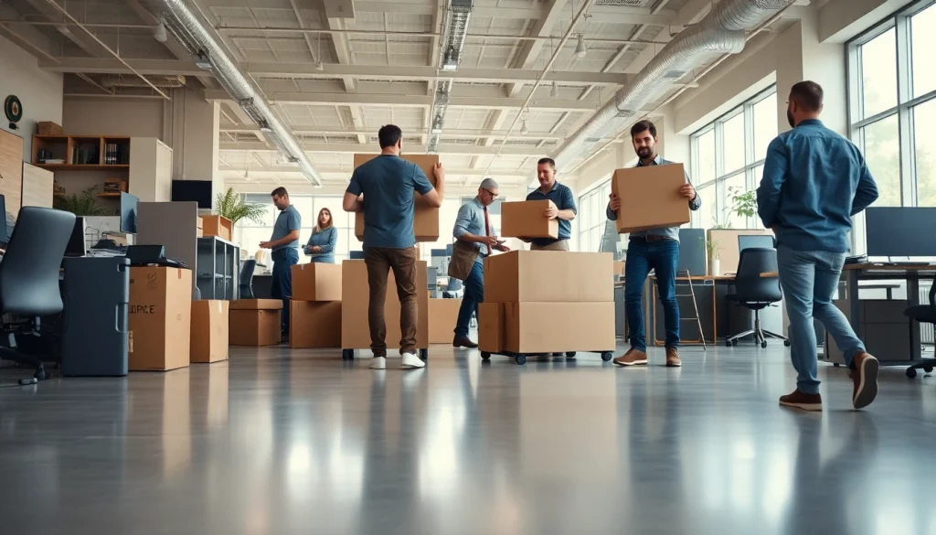 Expert team executing Commercial Moving services, carefully packing office equipment in a busy workplace.