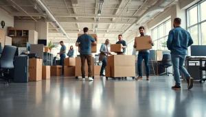 Expert team executing Commercial Moving services, carefully packing office equipment in a busy workplace.