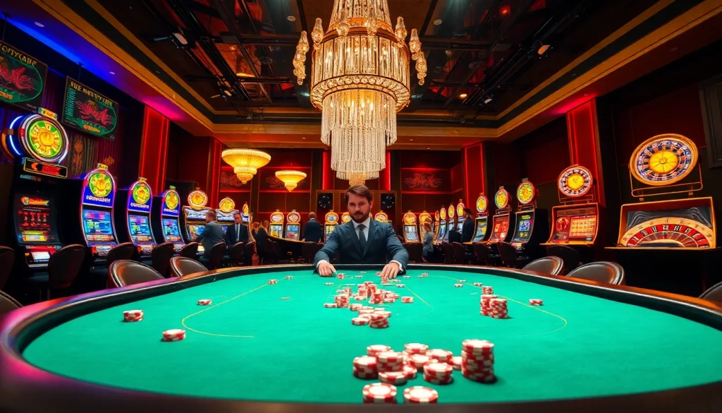 Experience high-stakes action at the luxurious luck8 casino with vibrant gaming tables and excited players.