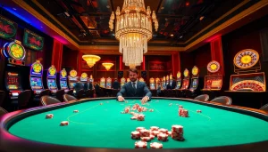 Experience high-stakes action at the luxurious luck8 casino with vibrant gaming tables and excited players.