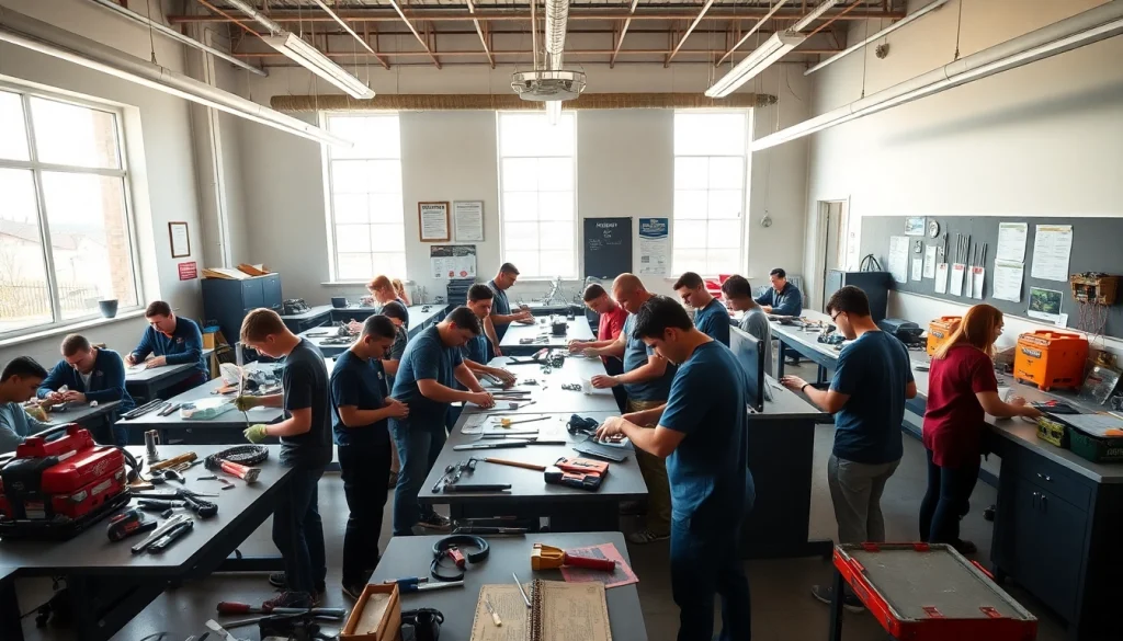 Engaged students in Trade School Tennessee collaborating in a bright classroom.