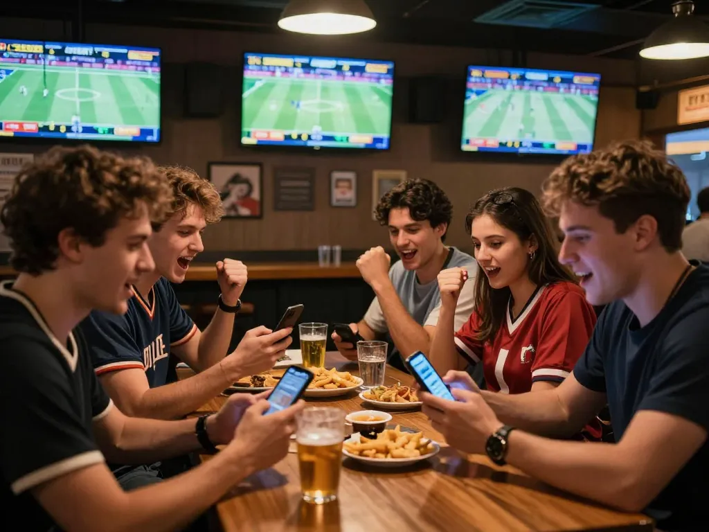 Friends engaged in sports betting at uu88 net, celebrating live game results with excitement.