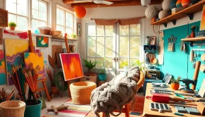 Engaging scene of niche hobbies with art supplies and crafting tools in a sunny workspace.