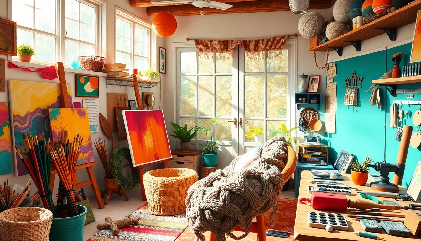 Engaging scene of niche hobbies with art supplies and crafting tools in a sunny workspace.