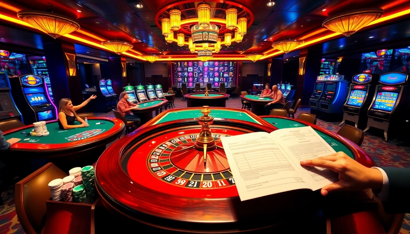 Gameplay passionnant de casino en ligne avec des tables de poker et une roue de roulette montrant des joueurs engagés.