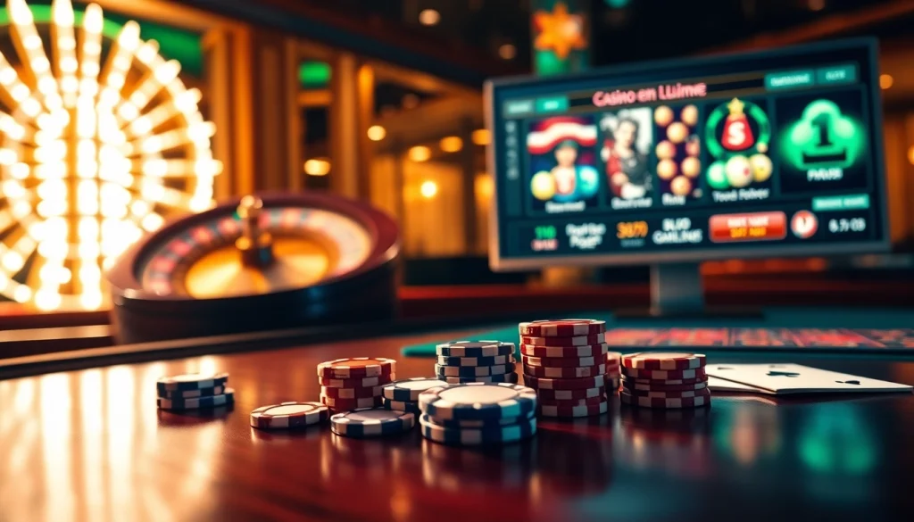 Vivez l'excitation du casino en ligne avec des jetons de poker polis et une roue de roulette tournante dans un cadre virtuel élégant.