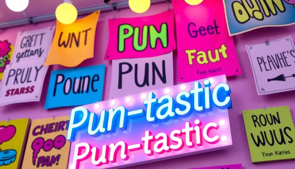 Showcase of cleverly crafted pun names in a colorful and vibrant setting, highlighting creativity.