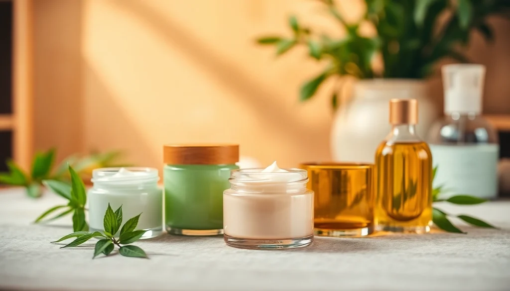 Prikaz prirodne kozmetike u opuštajućem spa ambijentu sa elegantnim staklenkama.