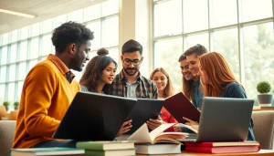 Group of students collaborating on exam support strategies in a bright study space.