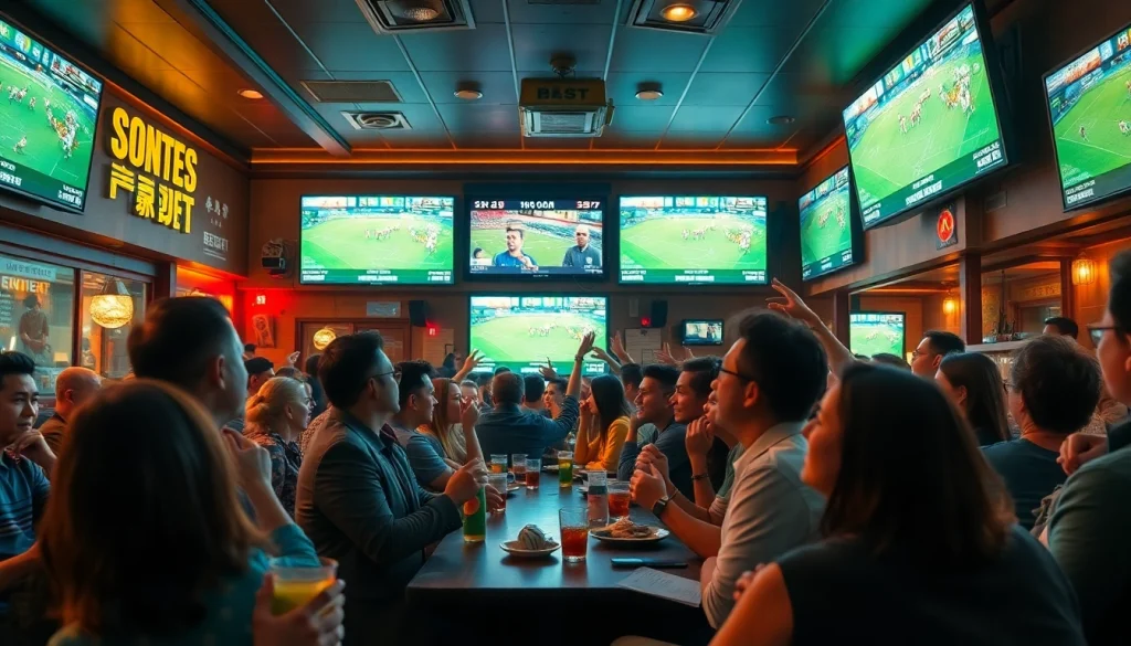 Sports fans enjoying high-quality broadcasts at 토토티비 sports bar, celebrating exciting moments.