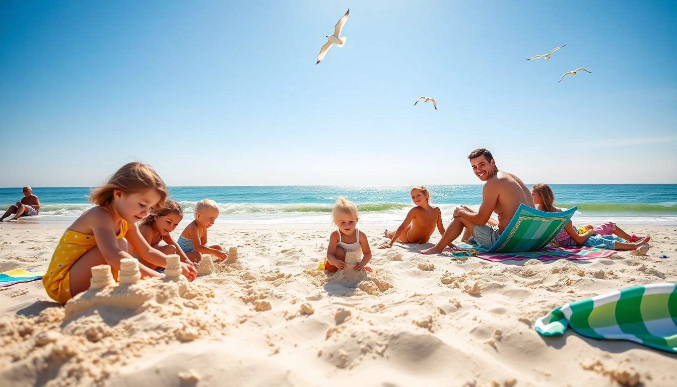 Beachgoers enjoying the sun and surf at https://myrtlebeachsc.com/ showcasing fun family activities.