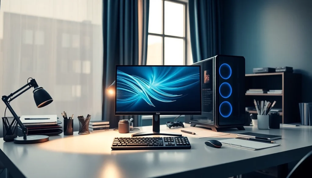 Komputery PC w nowoczesnym biurze, z eleganckim biurkiem i akcesoriami