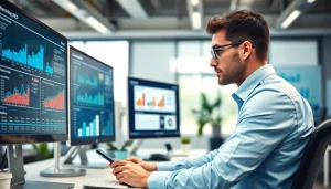 Optimierung der Onpage SEO durch einen Entwickler in modernem Büro mit Fokus auf Leistungsdaten.