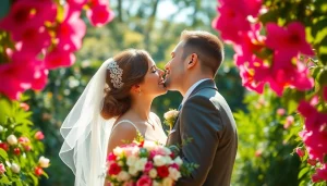 Wedding photographer capturing an intimate moment between a couple in a garden setting.