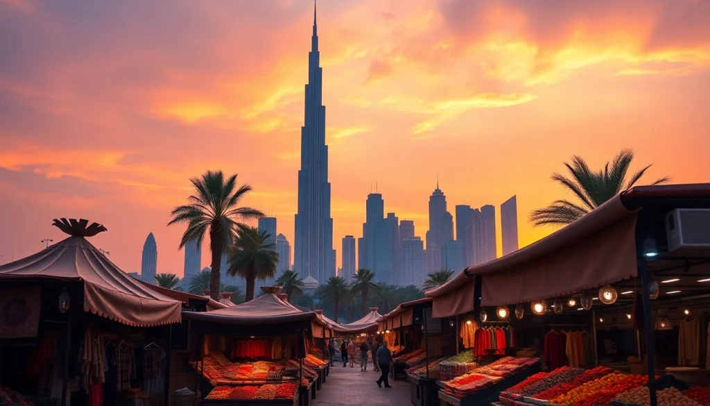 Experience the vibrant sights of Dubai showcasing its stunning skyline and lively market atmosphere.