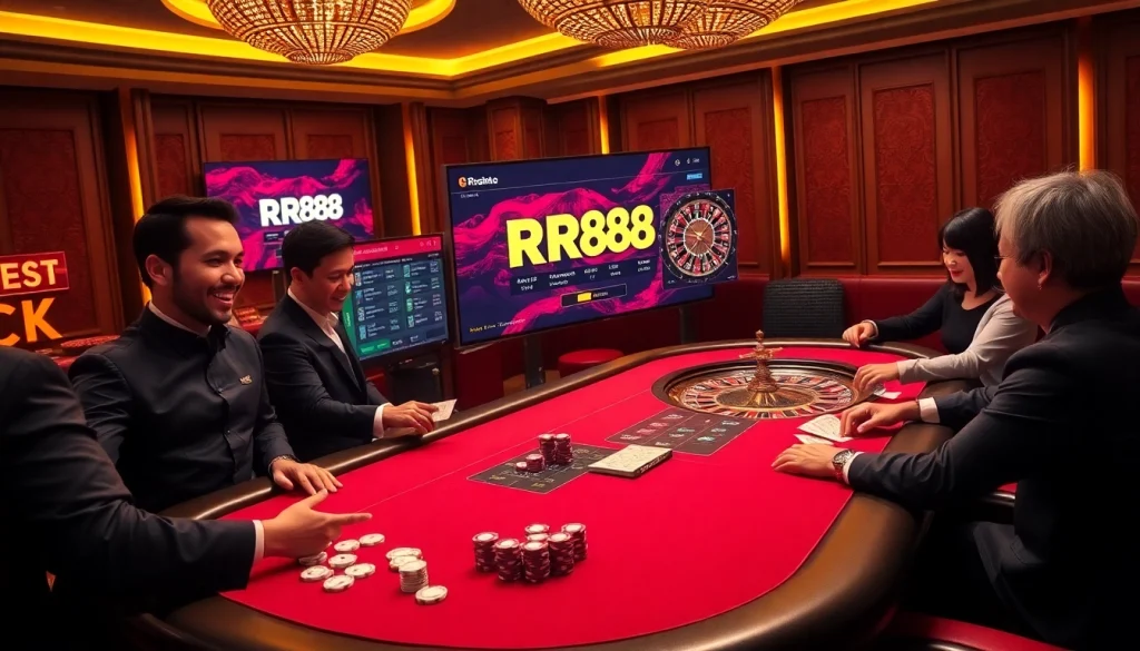 RR88 players excitedly betting at a luxurious casino table surrounded by vibrant poker chips.