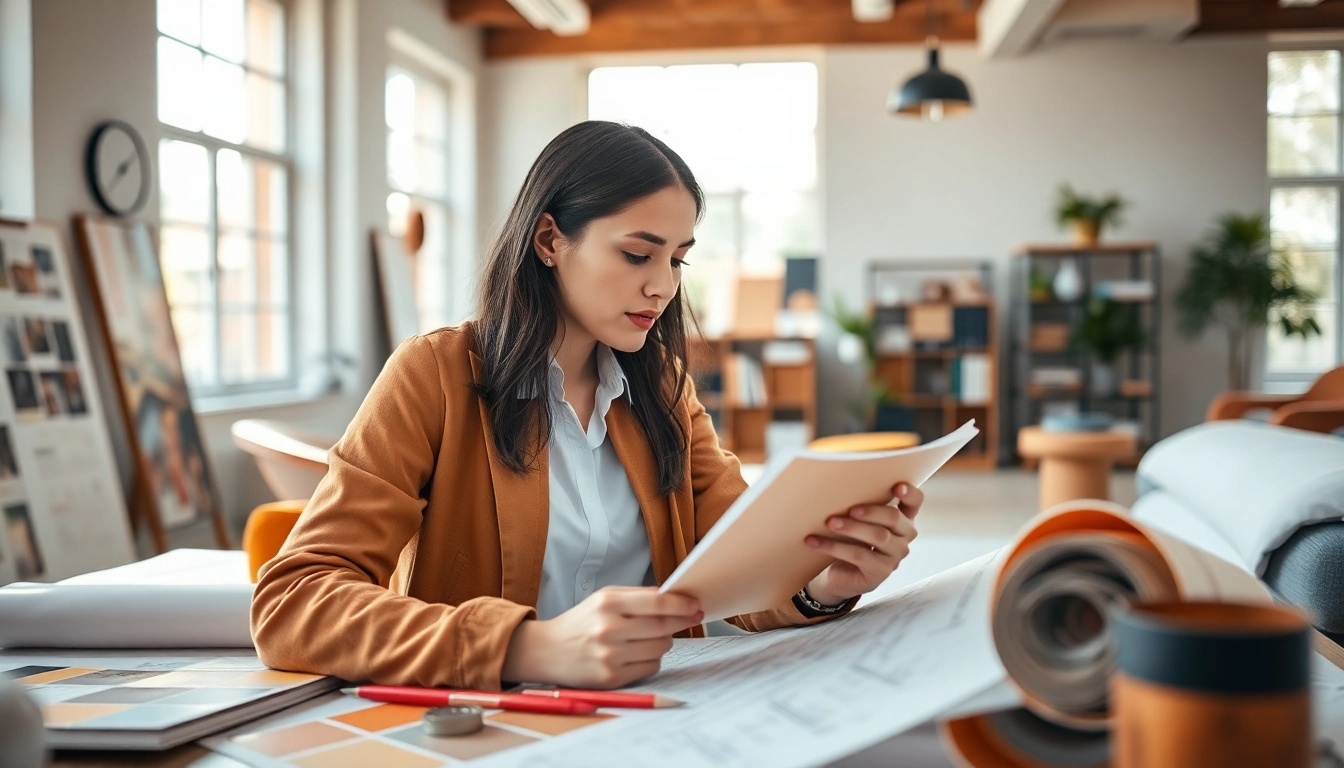 projektant wnętrz analizujący paletę kolorów w nowoczesnym biurze