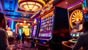 Excited players enjoying a pg slot machine experience in a luxurious casino environment