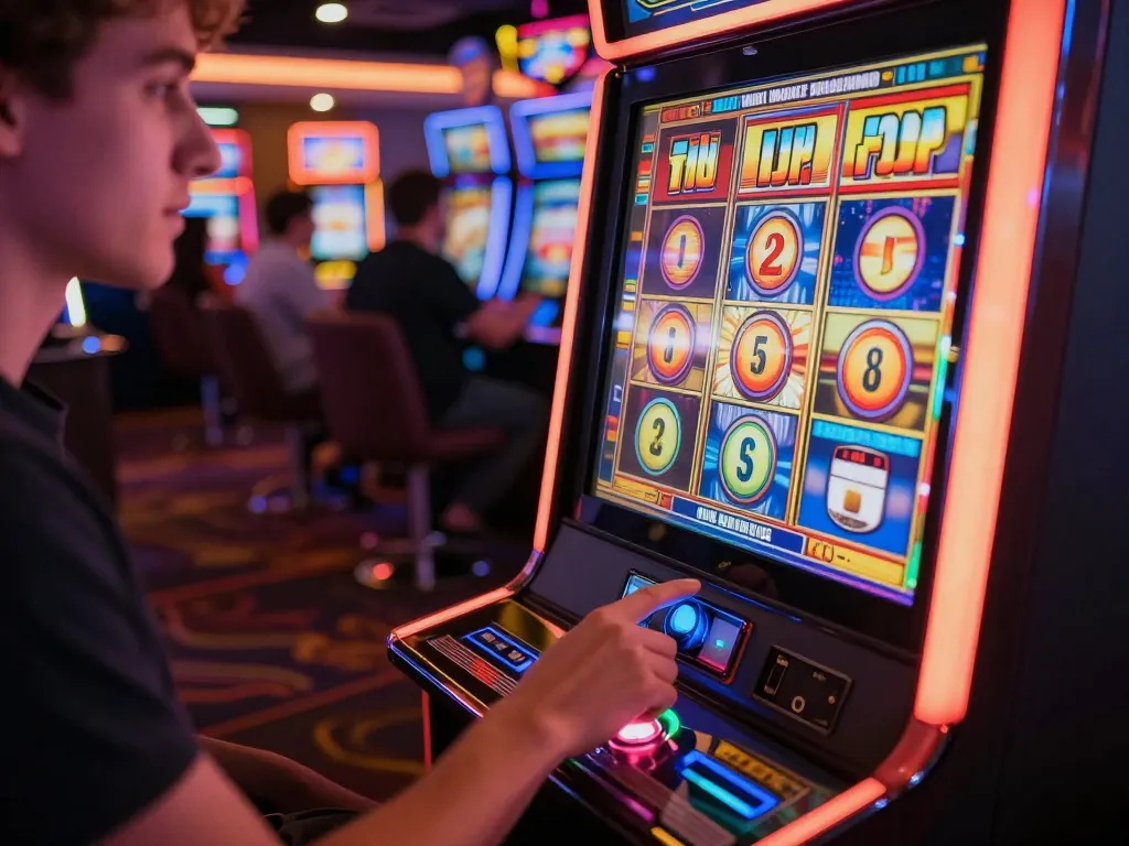 Player excitedly spinning the slot machine, vibrant lights enhancing the thrilling casino atmosphere.
