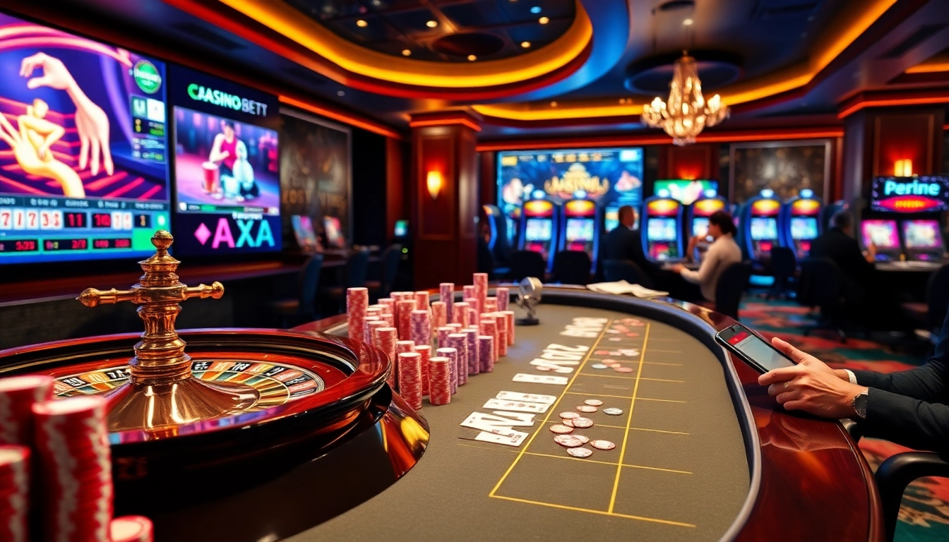 Excitation du casino en ligne avec des jetons de poker vibrants et des tables de jeu engageantes.