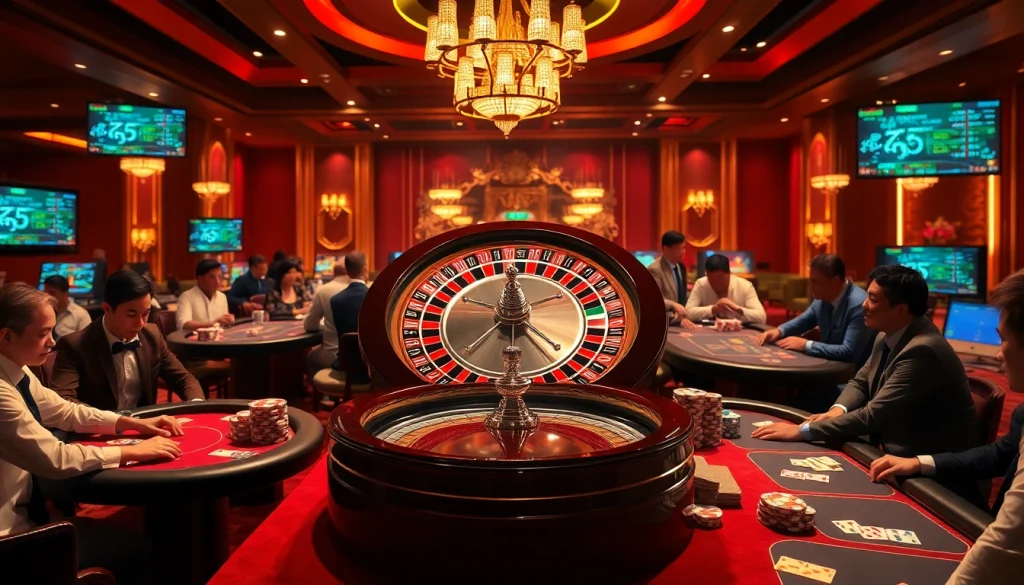 A thrilling casino scene featuring KJC-themed roulette and engaging gamblers at poker tables.