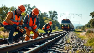 Workers engaged in Emergency RailroadRepair on a track with tools in a bright setting.