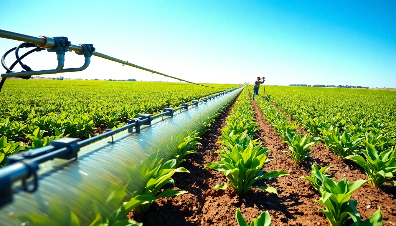 Farmer managing land irrigation system within thriving agricultural fields.