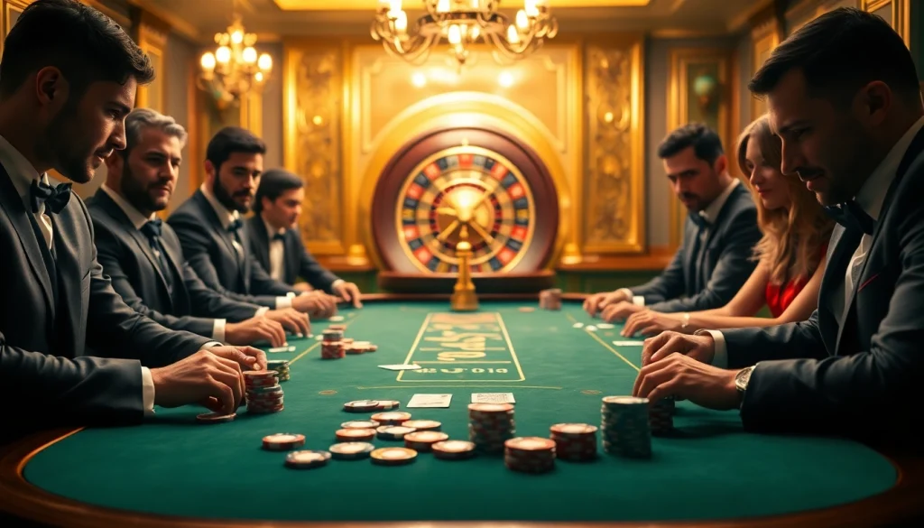 Vivez l'excitation du casino en ligne avec des joueurs à enjeux élevés à une table de jeu élégante.