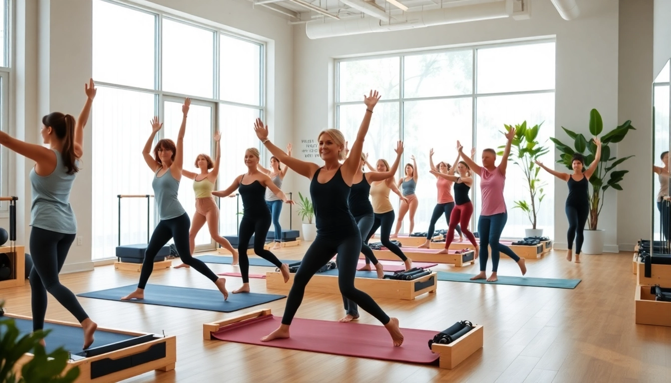 マットとリフォーマーを使う多様なクラスがある魅力的なピラティススタジオのシーン。ピラティス おすすめを紹介。