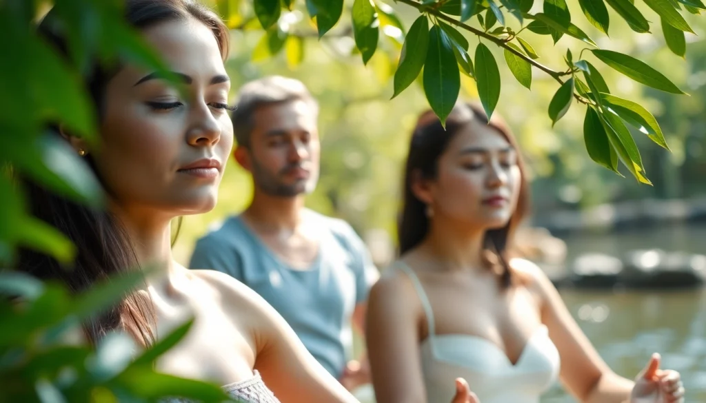 Promote mental health awareness through individuals practicing mindfulness in a serene setting.
