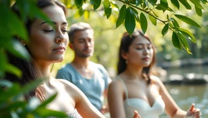 Promote mental health awareness through individuals practicing mindfulness in a serene setting.