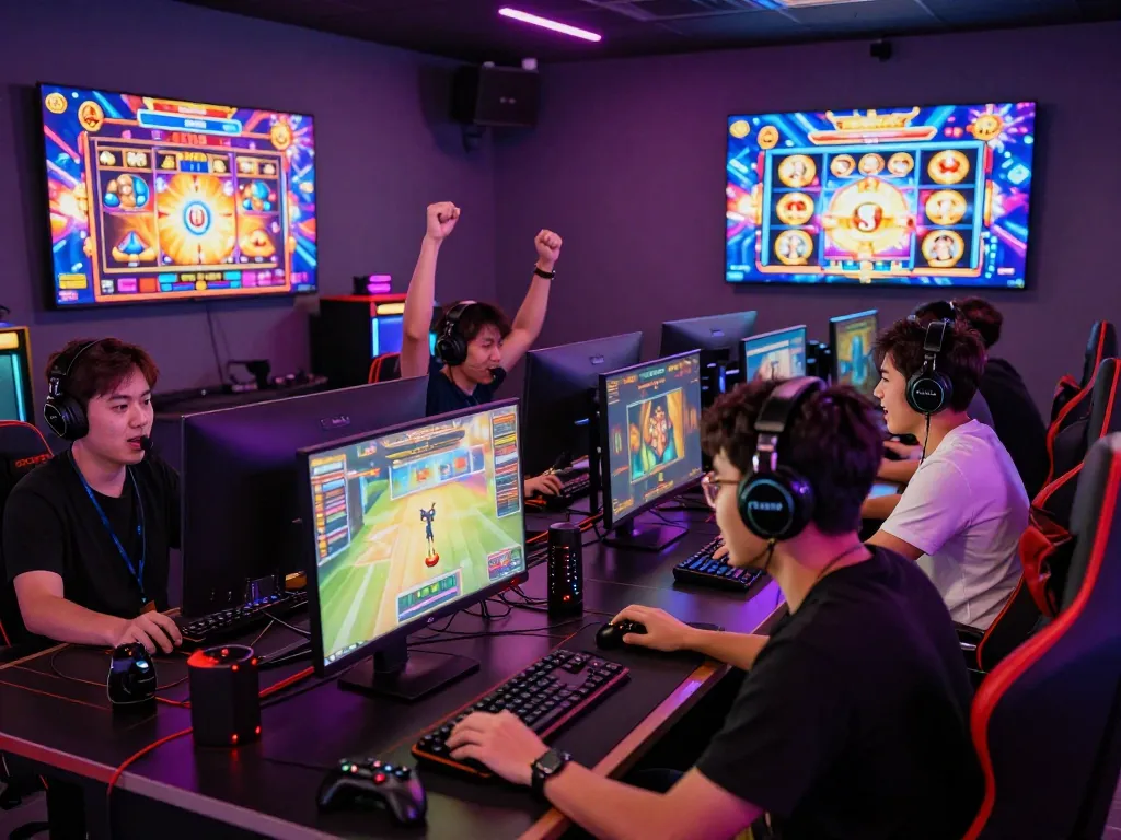 Pemain menikmati permainan situs slot di ruang permainan yang cerah dengan pencahayaan warna-warni.