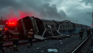 Spain train crash scene with emergency responders and debris illustrating chaos and urgency.