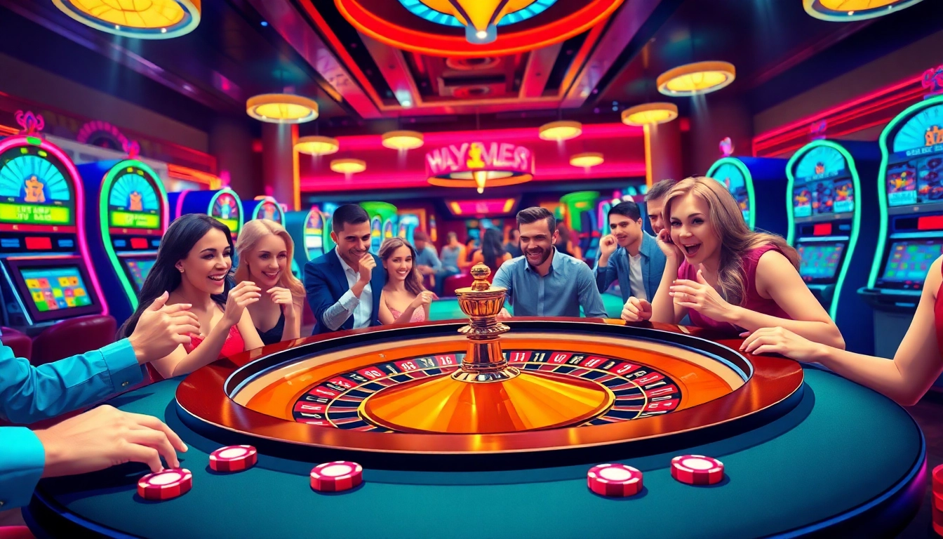Main event at MABAR88 casino with eager players around roulette table.