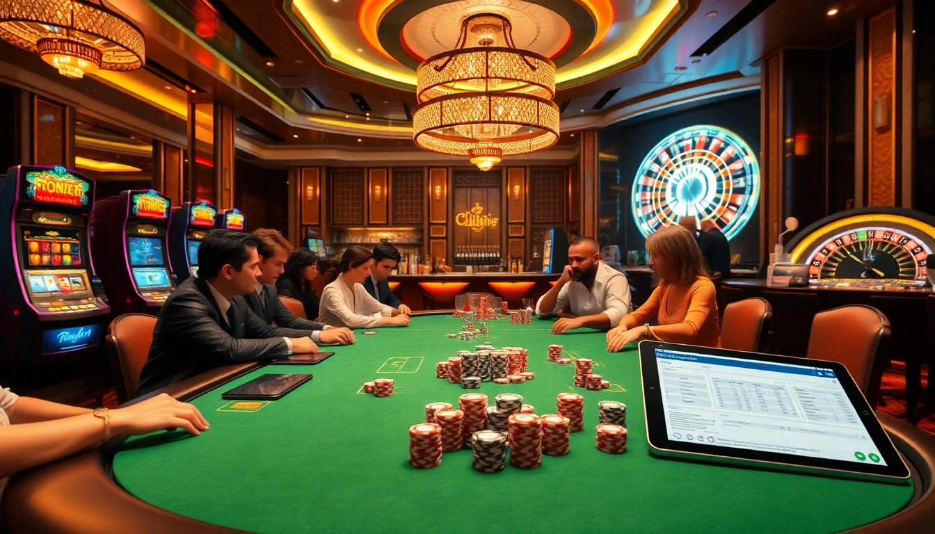 Action-packed scene at a luxurious casino where nhà cái thabet offers poker and thrilling games.