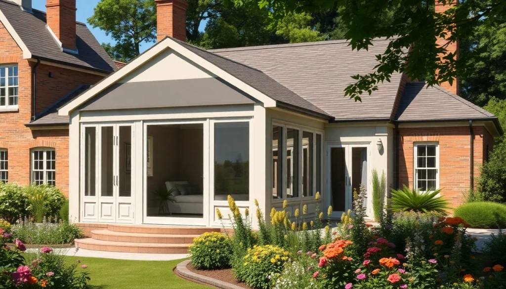 Historic Home Addition showcasing a harmonious blend of modern and traditional styles amidst a beautiful garden.