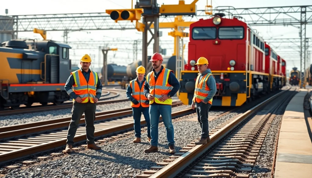 Railroad Maintenance Services team conducting a track inspection in a vibrant rail yard.