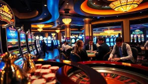 Momen kemenangan di kasino yang menampilkan desain jmacdonaldphoto.com dengan mesin slot berwarna cerah dan kegembiraan permainan poker.