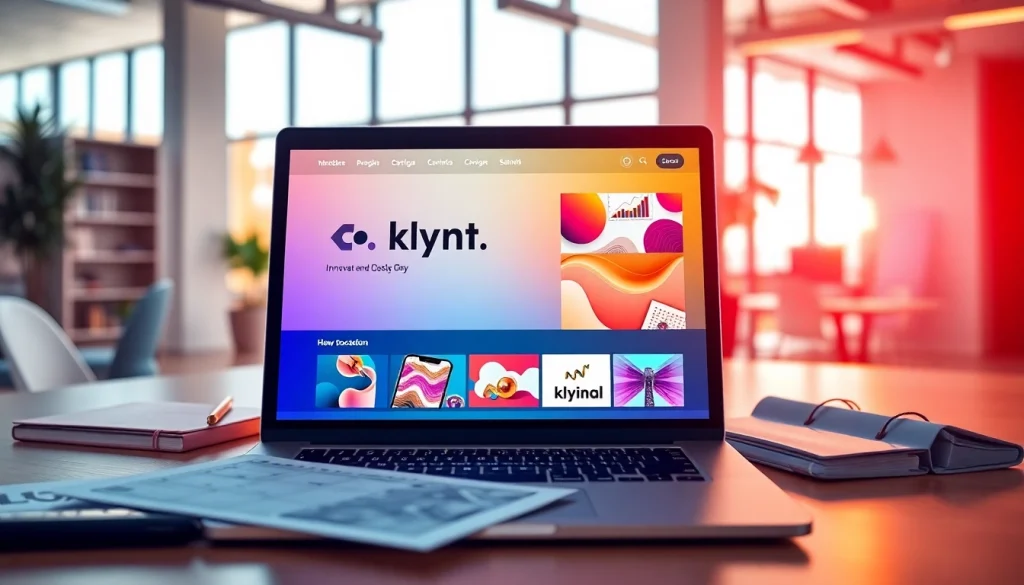 Klynt media production interface displaying innovative tools in a modern office setting.