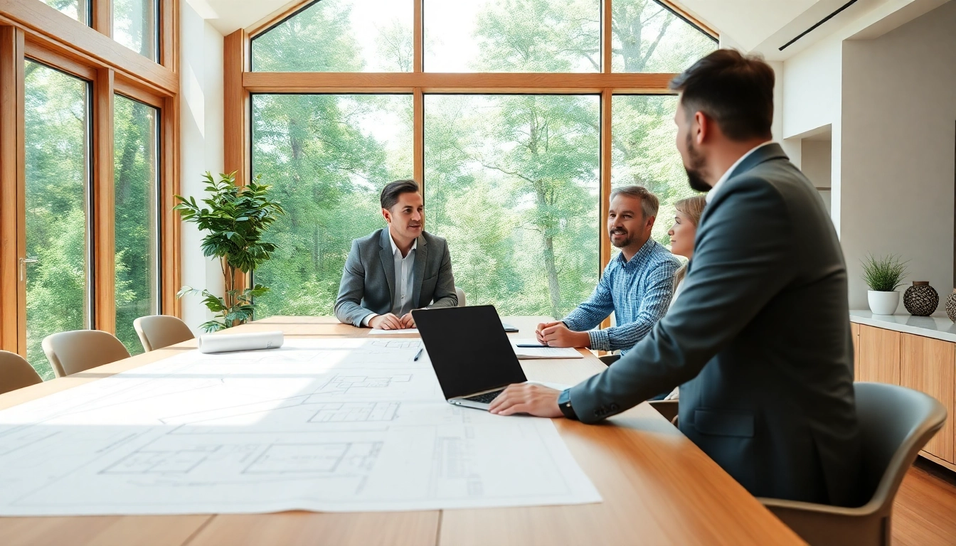 Collaborative scene of New England residential architect with clients in a modern office showcasing design concepts.