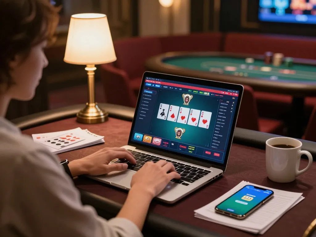 Engaging in an exciting online poker game with W88 interface on a laptop, creating a cozy gaming atmosphere.