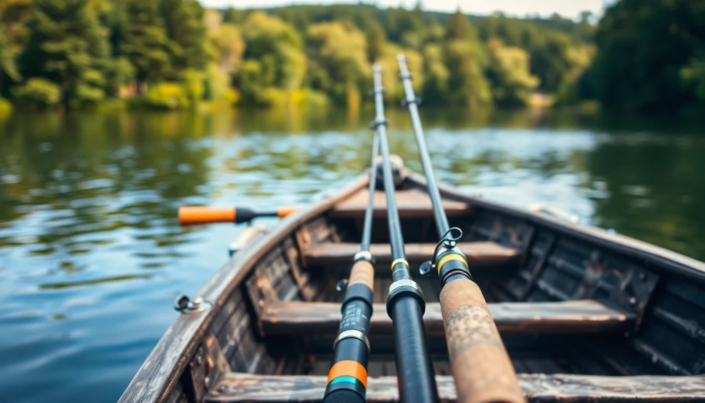 Showcasing the best fly fishing rods positioned on a rustic boat by a tranquil lake during soft daylight.