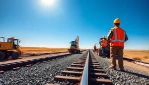 Great Plains rail contractors supervising a busy railway construction site with machinery and workers.