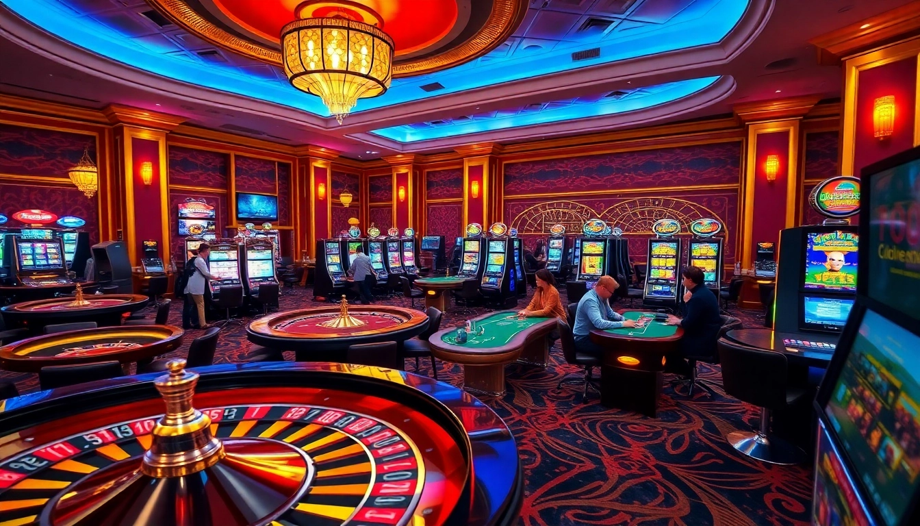 A dynamic gambling scene at jun88pl.com featuring poker tables, slot machines, and vibrant casino vibes.